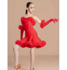 Girls kids red ruffles latin ballroom dance dresses salsa rumba ballroom dancing outfits leotard tops skirts for children